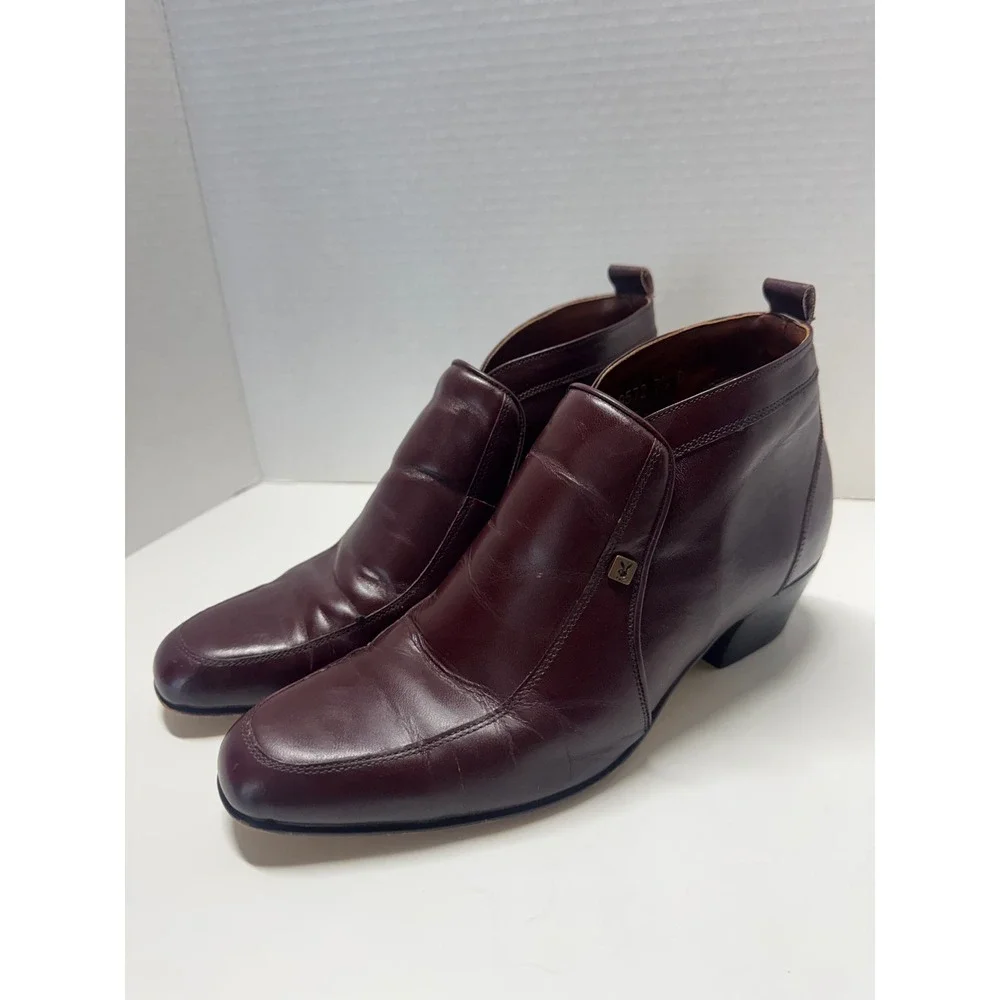 Vintage Playboy Mens Burgundy Leather Square Toe‎ Ankle Boots Block Heel 7.5 D
